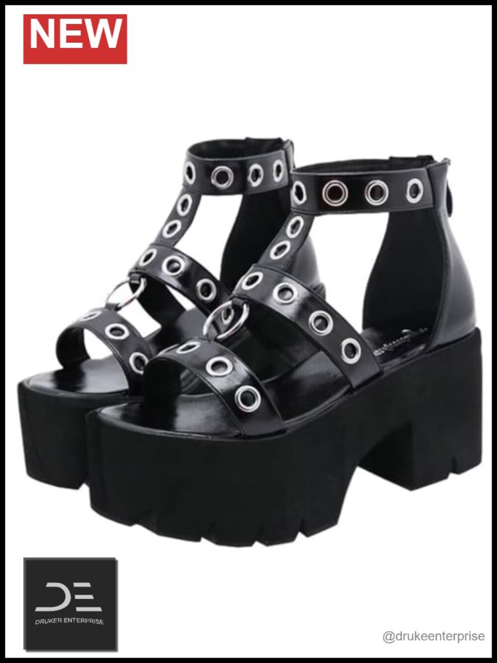 Goth Platform Sandals Chunky Heel Ankle Strap Open Toe Slingback PU Leather